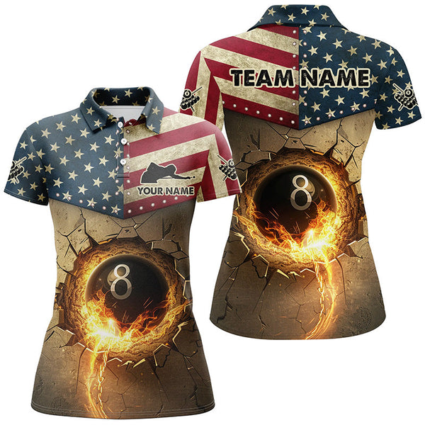 Personalized Vintage US Flag 8 Ball Pool Burning Billiard Shirts For Women, Patriotic Billiard Jersey TDM1605