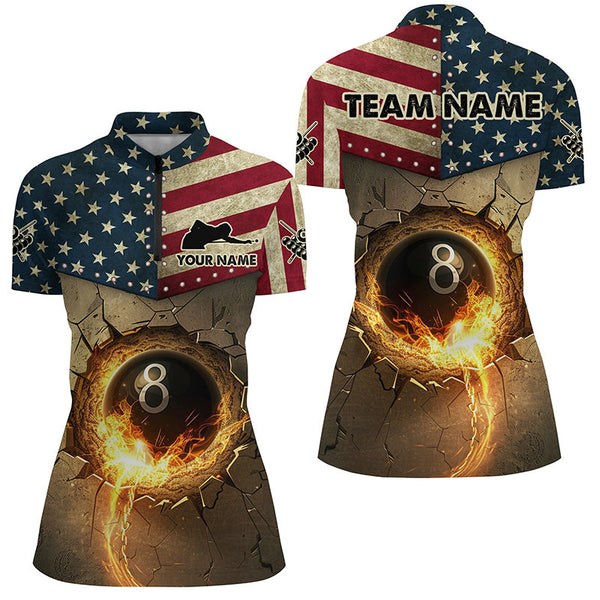 Personalized Vintage US Flag 8 Ball Pool Burning Billiard Shirts For Women, Patriotic Billiard Jersey TDM1605
