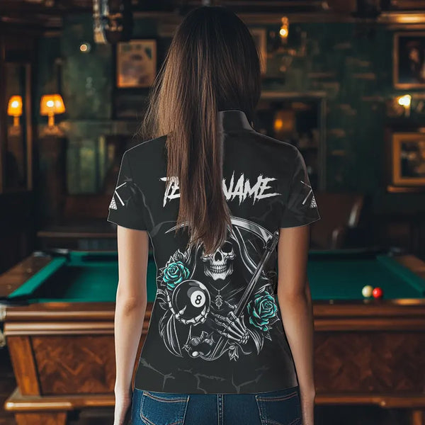Personalized Funny Turquoise Skull Roses 8 Ball Billiard Shirts For Women Custom Pool Team Shirts TDM3728