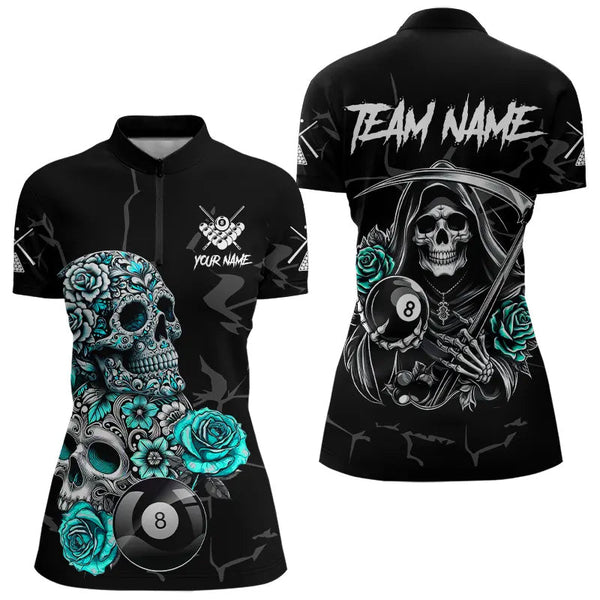 Personalized Funny Turquoise Skull Roses 8 Ball Billiard Shirts For Women Custom Pool Team Shirts TDM3728