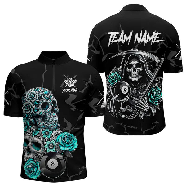 Personalized Funny Turquoise Skull Roses 8 Ball Billiard Shirts For Men Custom Pool Team Shirts TDM3728