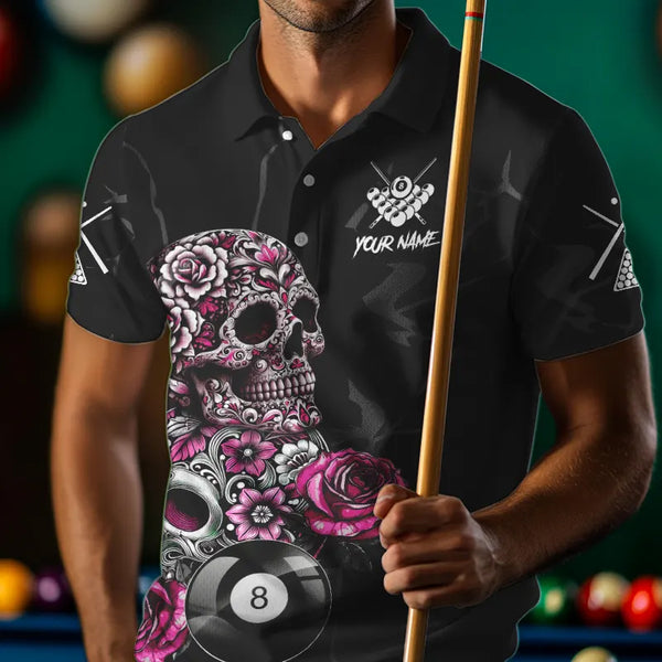 Personalized Pink Funny Skull Roses 8 Ball Billiard Shirts For Men Custom Pool Team Shirts TDM3729