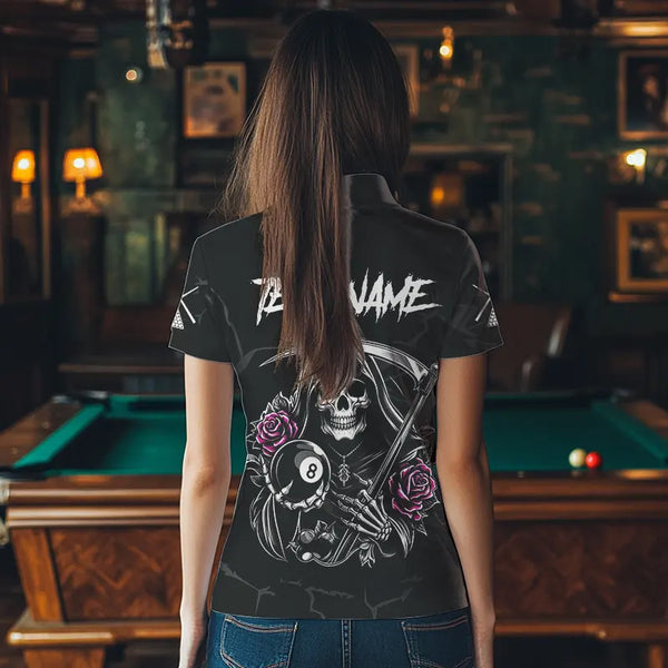 Personalized Pink Funny Skull Roses 8 Ball Billiard Shirts For Women Custom Pool Team Shirts TDM3729