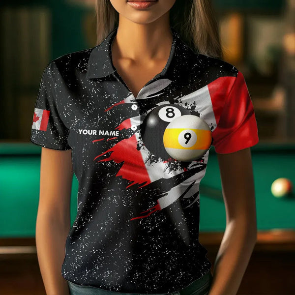 Custom Black Grunge Canada Flag 8 Ball & 9 Ball Billiard Shirts For Women, Patriotic Billiard Jerseys TDM3434