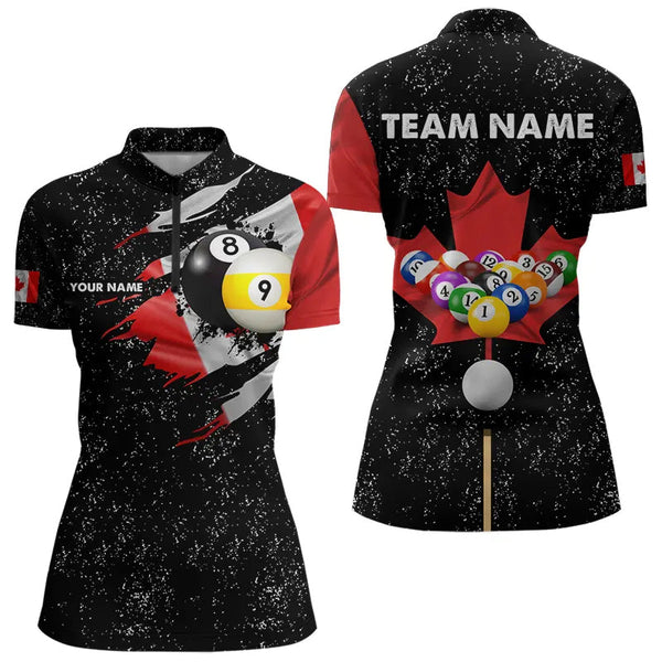 Custom Black Grunge Canada Flag 8 Ball & 9 Ball Billiard Shirts For Women, Patriotic Billiard Jerseys TDM3434