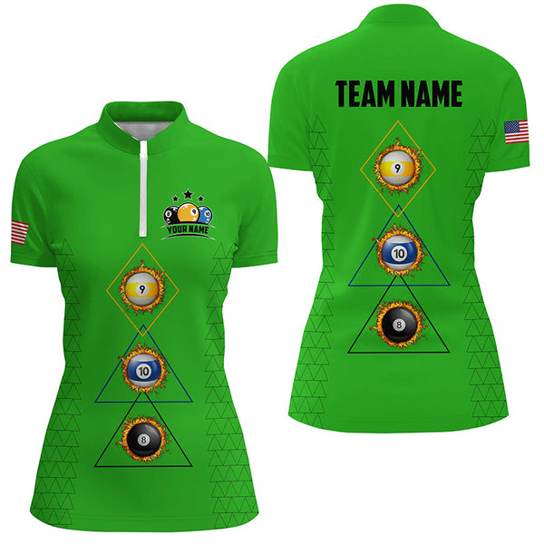 Customized Billiard 8 Ball 9 & Ball 10 Ball Shirts For Women, Unique Team Jersey Green Billiard Shirt TDM2255