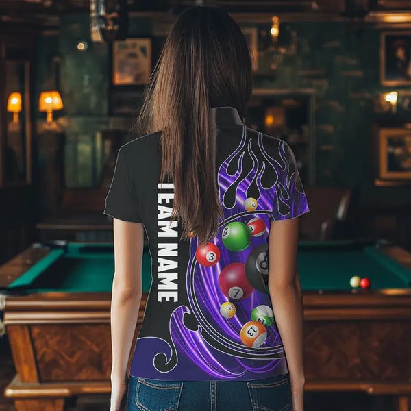 3D Billiard Balls Fire Flame Custom Pool Shirts For Women, Billiard League Team Jerseys | Purple TDM3753