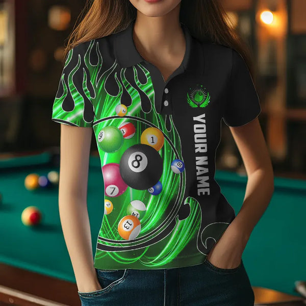 3D Billiard Balls Fire Flame Custom Pool Shirts For Women, Billiard League Team Jerseys | Green TDM3754