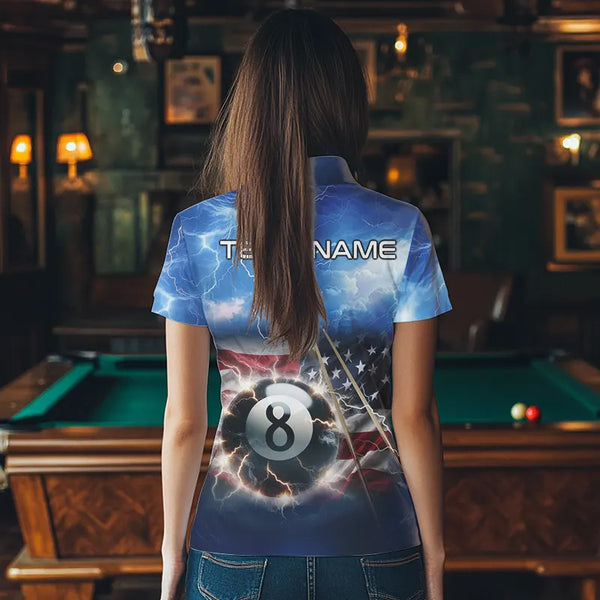 American Flag Thunder Lightning 8 Ball Pool Billiard Shirts For Women Customized Billiard Team Jersey TDM3756