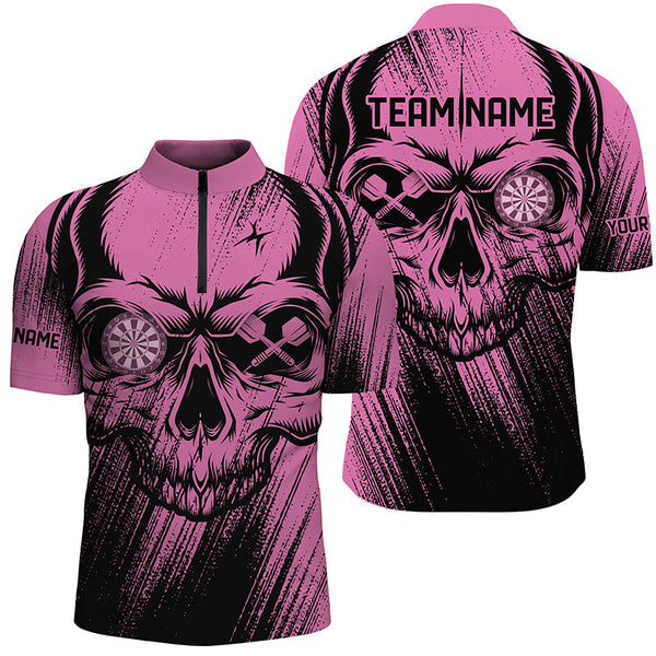 Personalized Pink Grunge Skull Darts Polo & Quarter-Zip Shirt For Men Custom Cool Darts Team Jersey TDM2531