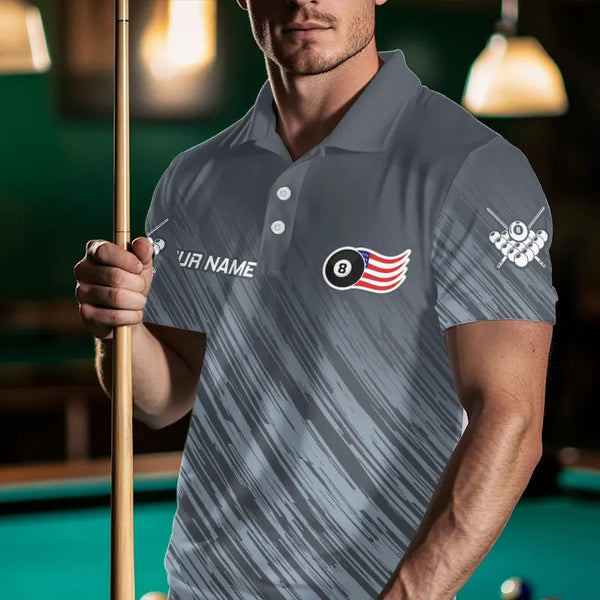 Personalized Funny 8 Ball Wings US Flag Grey Billiard Shirts For Men, Patriotic Billiard Jerseys TDM3603