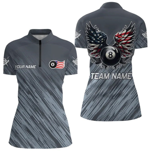 Personalized Funny 8 Ball Wings US Flag Grey Billiard Shirts For Women, Patriotic Billiard Jerseys TDM3603