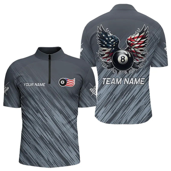 Personalized Funny 8 Ball Wings US Flag Grey Billiard Shirts For Men, Patriotic Billiard Jerseys TDM3603