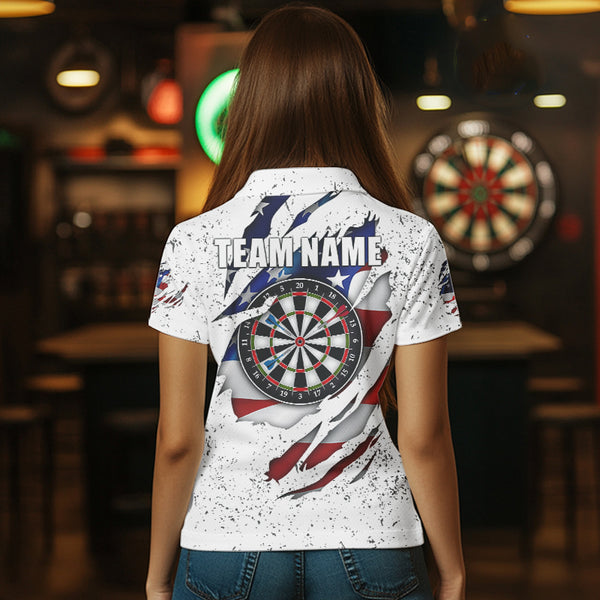 White Grunge US Flag Darts Shirt With Pocket For Women Custom Darts Jersey TDM3211