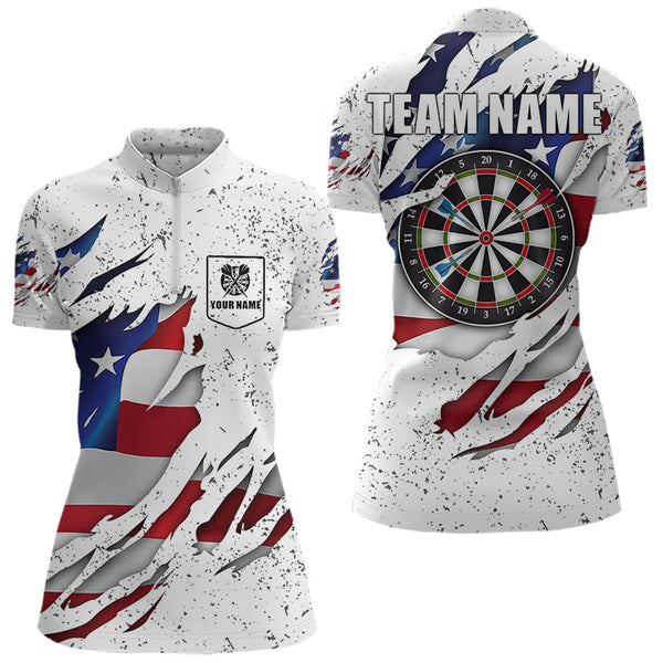 White Grunge US Flag Darts Shirt With Pocket For Women Custom Darts Jersey TDM3211
