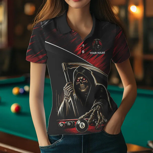 Red Grim Reaper 8 Ball Pool Billiard Shirts For Women Custom Billiard Team Jerseys Polo & 1/4 Zip TDM3760