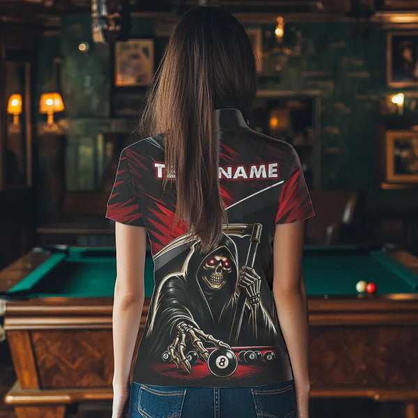 Red Grim Reaper 8 Ball Pool Billiard Shirts For Women Custom Billiard Team Jerseys Polo & 1/4 Zip TDM3760