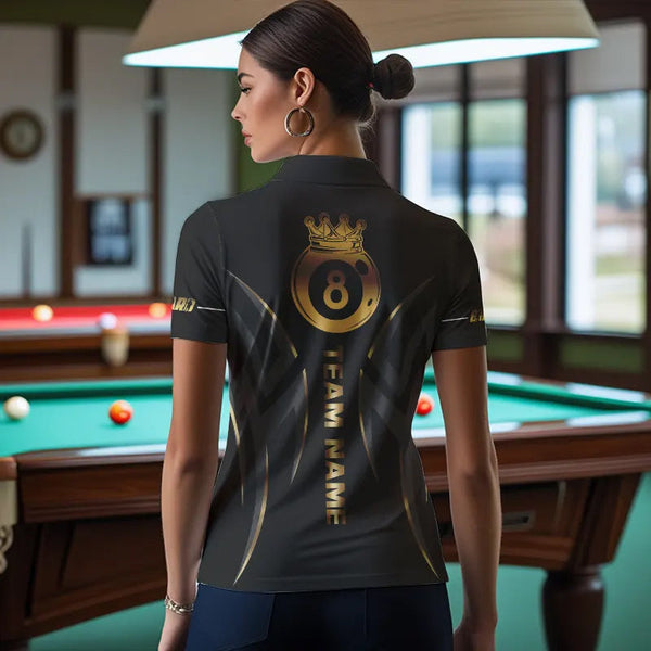 Customized 8 Ball Pool Crown Women Billiard Shirts, Gold And Black Billiard Team Shirt Pool Jerseys TDM3769