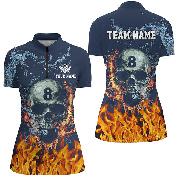 Funny Skull 8 Ball Pool Water Fire Personalized Name Billiard Shirts For Women, Billiard Pool Shirts TDM2291