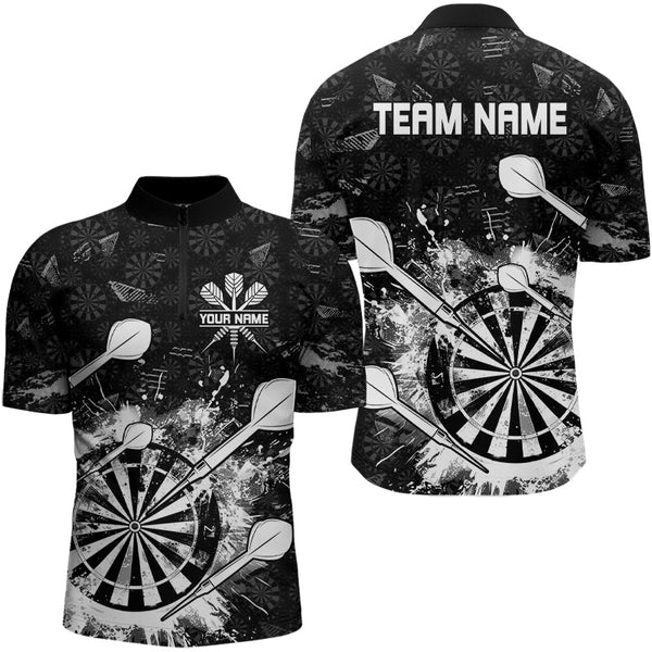 Black White Grunge Darts Polo And Quarter Zip For Men Custom Dart Shirts For Team Dart Jerseys TDM3277