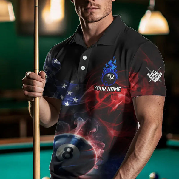 Custom American Flag Smoke 8 Ball Pool Billiard Polo & 1/4 Zip For Men, Patriotic Billiard Jerseys TDM3470