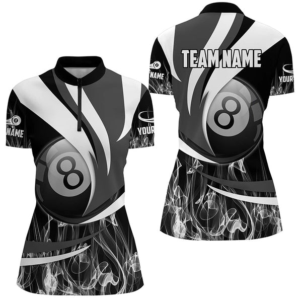 Personalized Black Grey 8 Ball Pool Fire Smoke Billiard Shirts For Women, 8 Ball Billiard Team Jersey TDM2302
