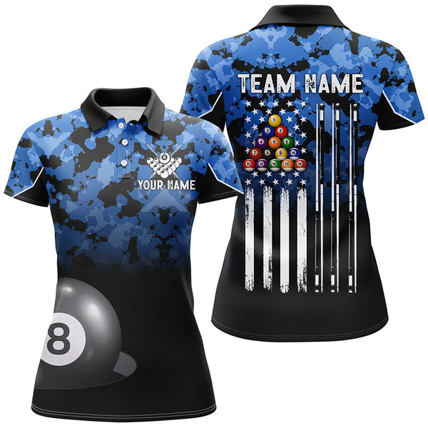 8 Ball Pool Blue Camo Custom Billiard Shirts For Women, Patriotic US Flag Billiard Team Jerseys TDM2313