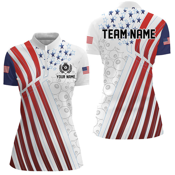 Custom Billiard 8 Ball Pool Player US Flag Women Polo & Quarter-Zip Shirts, Patriotic Billiard Jersey TDM1674