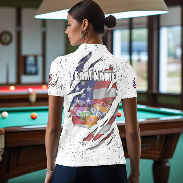 Personalized Grunge White American Flag Billiard Shirts For Women Custom 8 Ball Pool Billiard Jersey TDM3635