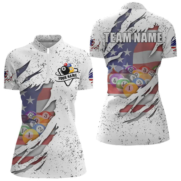 Personalized Grunge White American Flag Billiard Shirts For Women Custom 8 Ball Pool Billiard Jersey TDM3635
