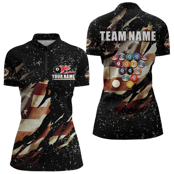Billiard Ball Retro US Flag Black Grunge Billiard Shirt For Women Custom 8 Ball Pool Billiard Jersey TDM3637