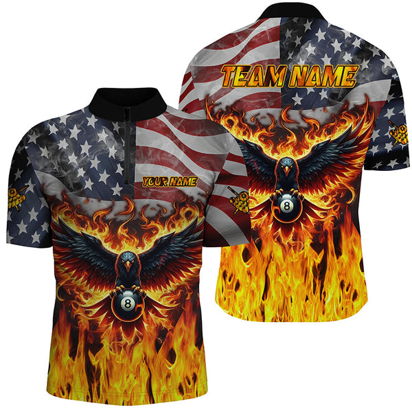Personalized Flame American Flag Custom Eagle Billiard Shirts For Men, Patriotic Billiard Jerseys TDM2096