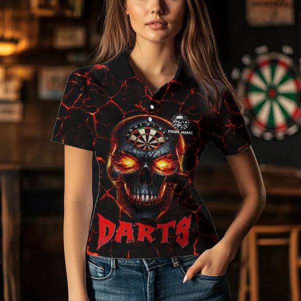 Personalized Red Dartboard Skull Fire Crack Dart Shirts Polo & 1/4 Zip For Women Custom Dart Jerseys TDM3641