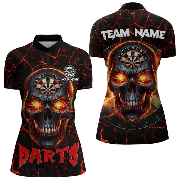 Personalized Red Dartboard Skull Fire Crack Dart Shirts Polo & 1/4 Zip For Women Custom Dart Jerseys TDM3641
