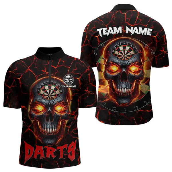 Personalized Red Dartboard Skull Fire Crack Dart Shirts Polo & 1/4 Zip For Men Custom Dart Jerseys TDM3641
