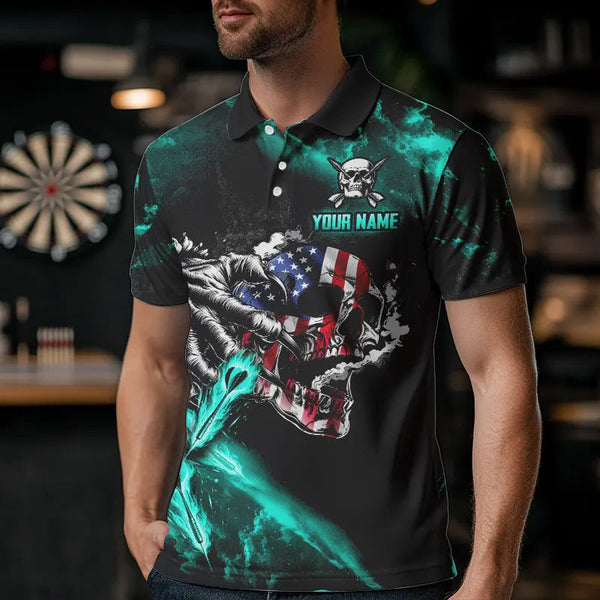Fire Flame Darts Board American Flag Skull Dart Shirts For Men Custom Darts Team Jerseys |Turquoise TDM3648
