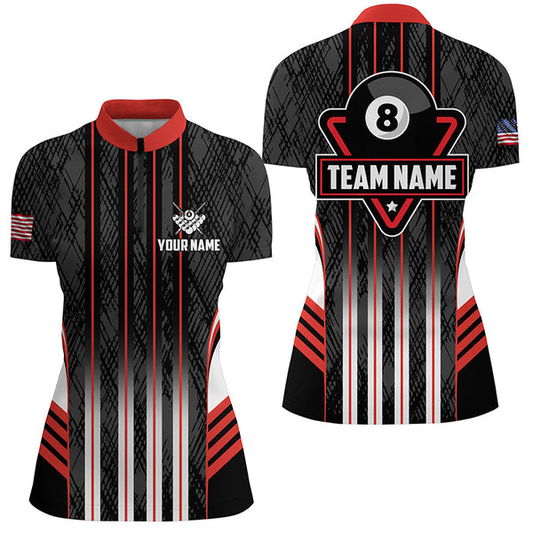Personalized Red 8 Ball Pool Billiard Jerseys For Women, Billiard League Team Polo & 1/4 Zip Shirts TDM2862
