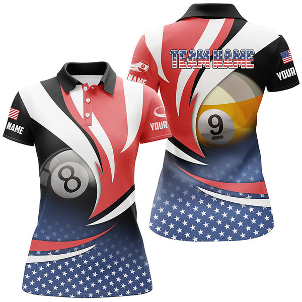 8 Ball & 9 Ball Pool Custom American Flag Billiard Shirts For Women, Patriotic Billiard Pool Jerseys TDM2136