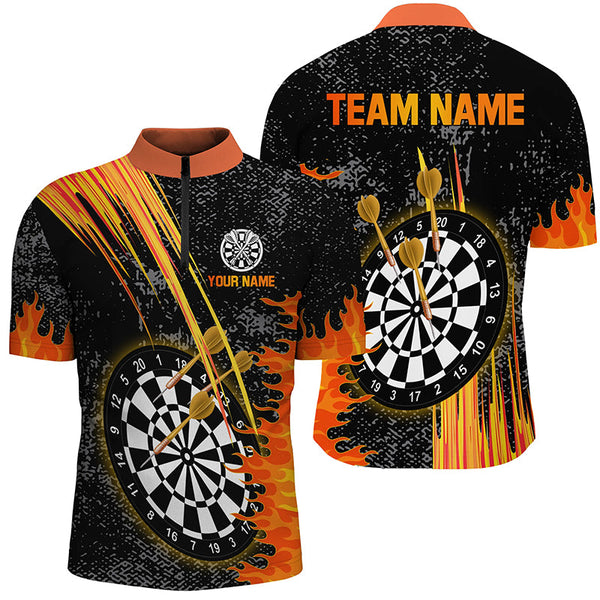 Custom Grey Grunge Orange Fire Flame Darts Shirts For Men, Darts Team Jerseys Short Sleeves TDM2635