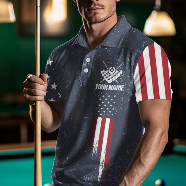 Grunge Navy American Flag 8 Ball Billiard Shirt For Men Custom Patriotic Billiard Shirt Pool Jersey TDM3663
