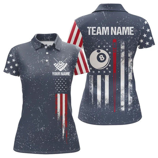 Grunge Navy American Flag 8 Ball Billiard Shirt For Women Custom Patriotic Billiard Shirt Pool Jersey TDM3663