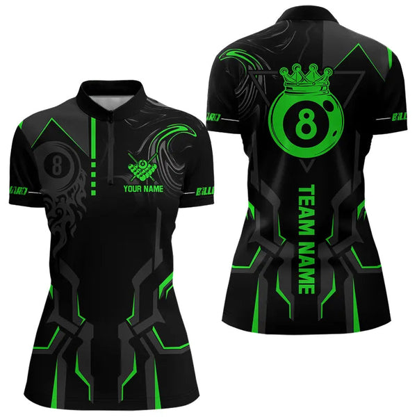 Customized 8 Ball Pool Crown Women Billiard Shirts, Green And Black Billiard Team Shirts Pool Jersey TDM3664
