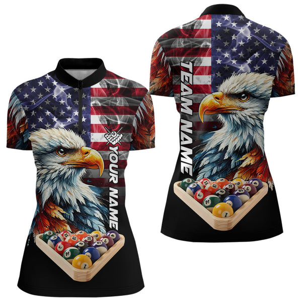 Personalized Watercolor Eagle American Flag Smoke Women Billiard Shirt, 8 Ball Rack Billiard Jerseys TDM3365