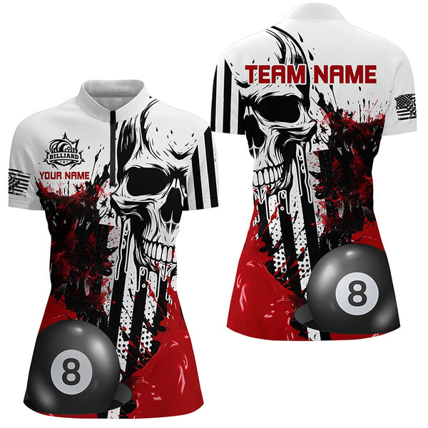 Personalized Red Grunge Skull Billiards Shirts For Women Custom Retro Billiard Team Jerseys Attire TDM1564