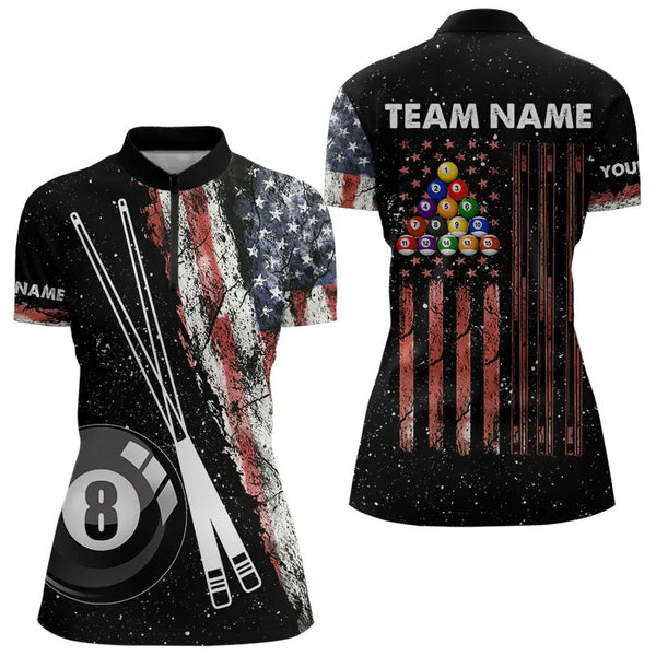 Retro Black Grunge American Flag 8 Ball Pool Women Billiard Shirts Custom Patriotic Billiard Jersey TDM3371