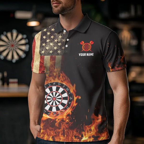Personalized Retro US Flag Flame Dartboard Darts Shirts For Men, Patriotic American Dart Jerseys TDM3676