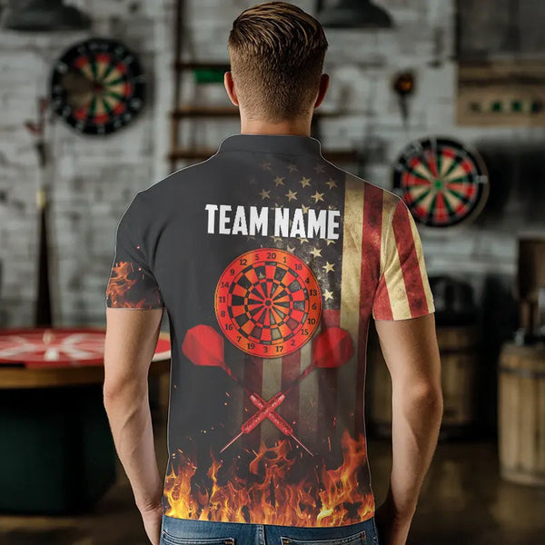 Personalized Retro US Flag Flame Dartboard Darts Shirts For Men, Patriotic American Dart Jerseys TDM3676