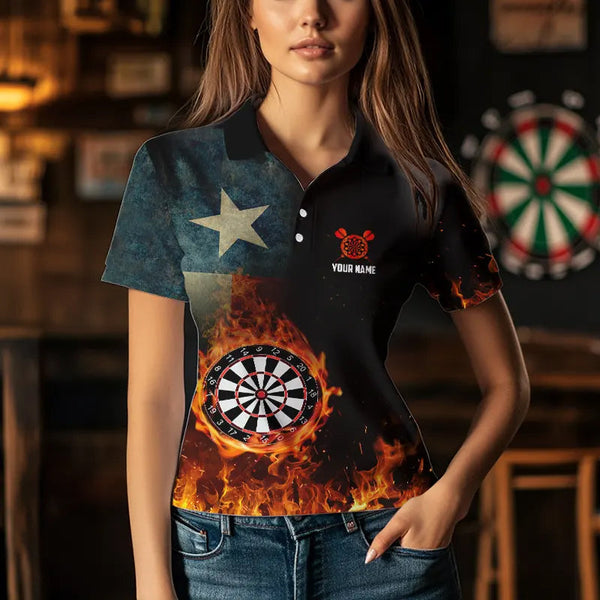 Personalized Retro Texas Flag Flame Dartboard Darts Shirts For Women, Patriotic Texas Dart Jerseys TDM3677