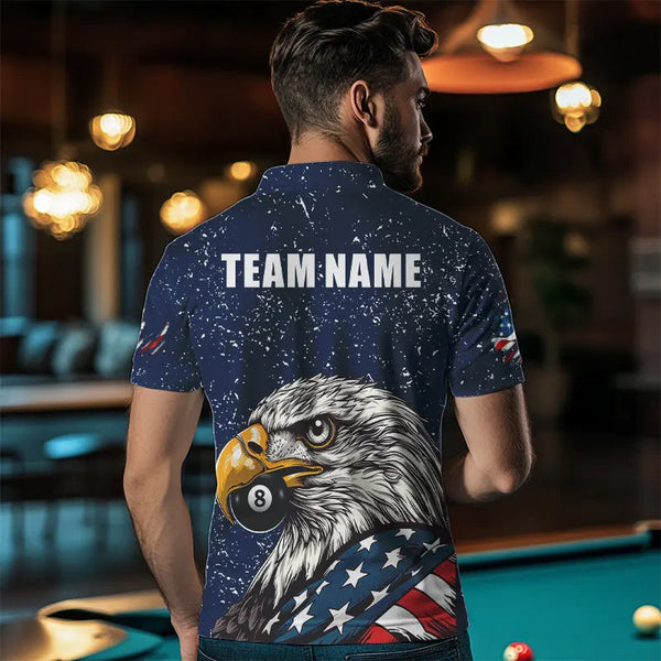 Blue Navy Grunge Eagle American Flag Custom Billiard Shirts For Men, Patriotic Billiard Team Shirts TDM3681