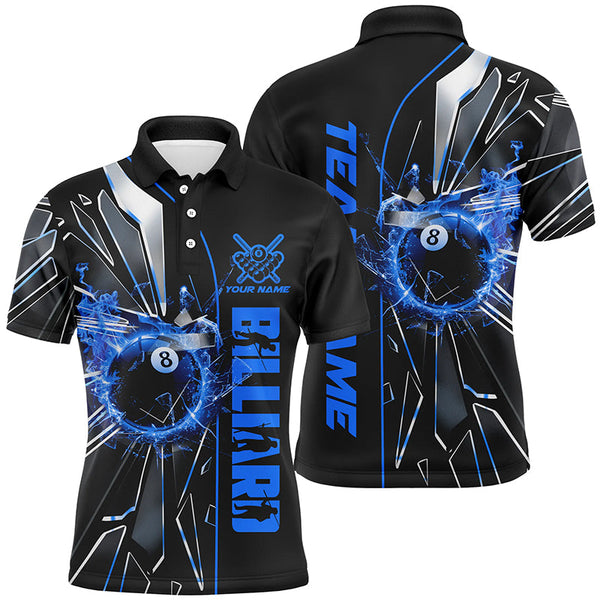 Personalized Blue Glass Crack 8 Ball Billiard Men Polo & Quarter-Zip Shirts, 8 Ball Pool Jerseys TDM1735